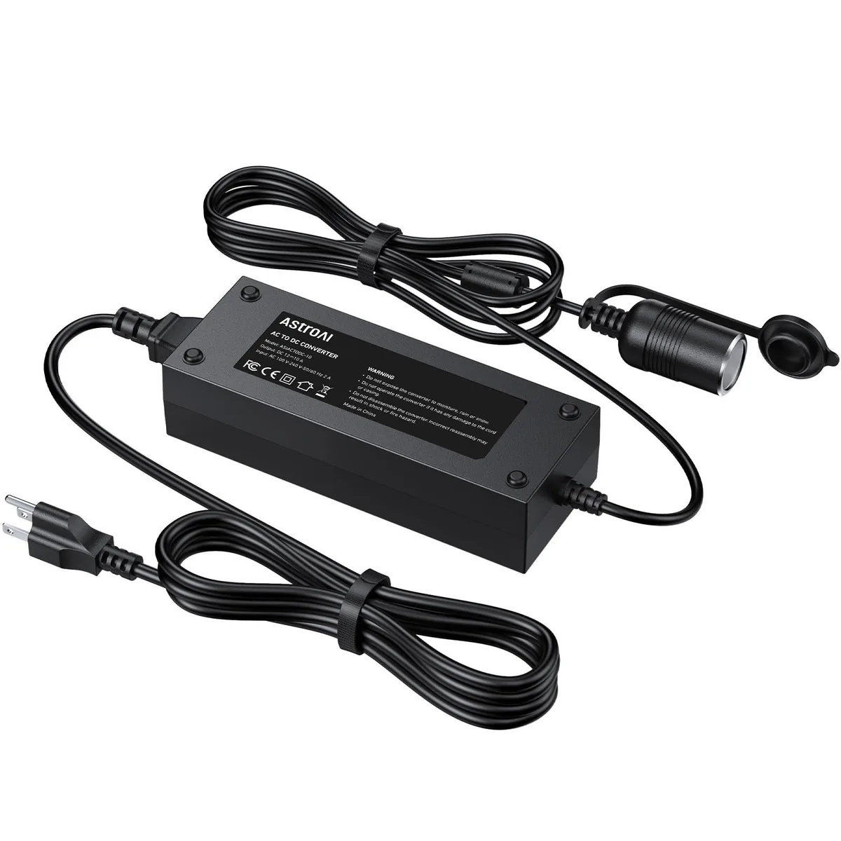 Black rectangular AC-to-DC power adapter with built-in car cigarette lighter socket and long power cord