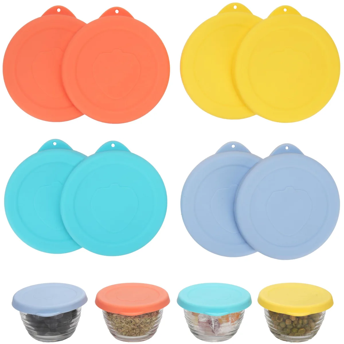 Eight multicolour silicone lids for 6.25 oz Libbey bowls, round and flexible