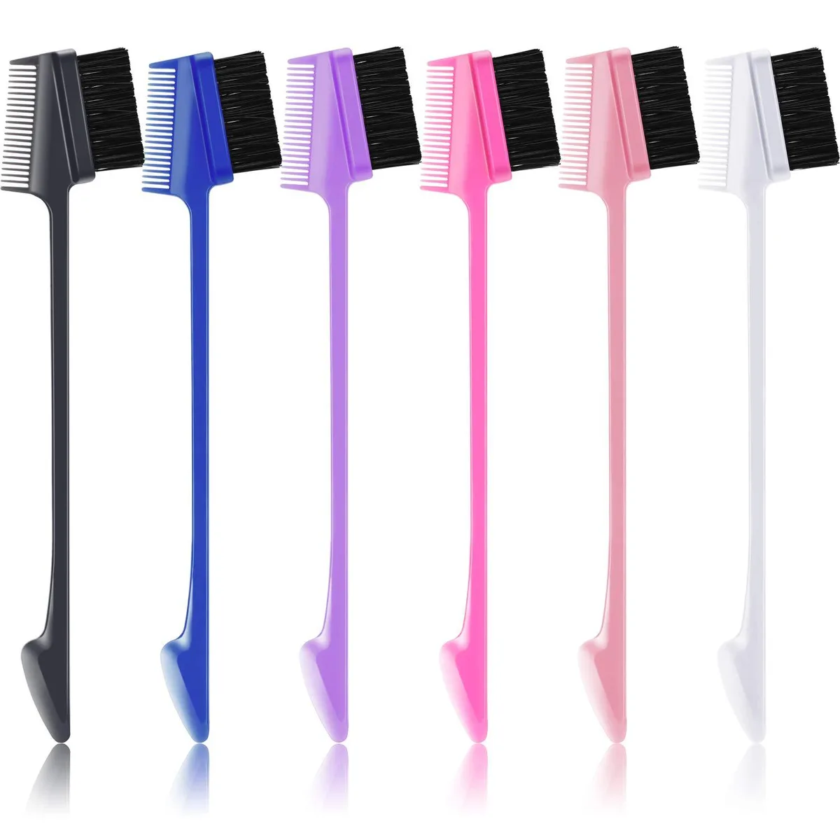 Six double-sided edge brushes with boar bristles in rose red, black, white, pink, dark blue and purple