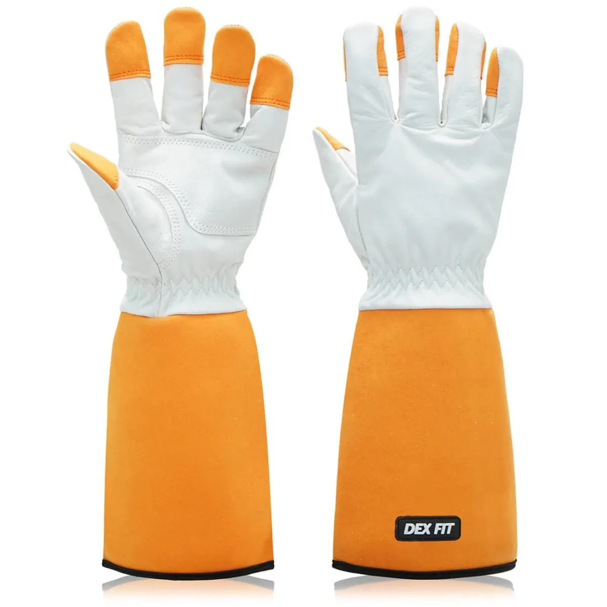 Orange leather gardening gloves with long synthetic suede cuffs