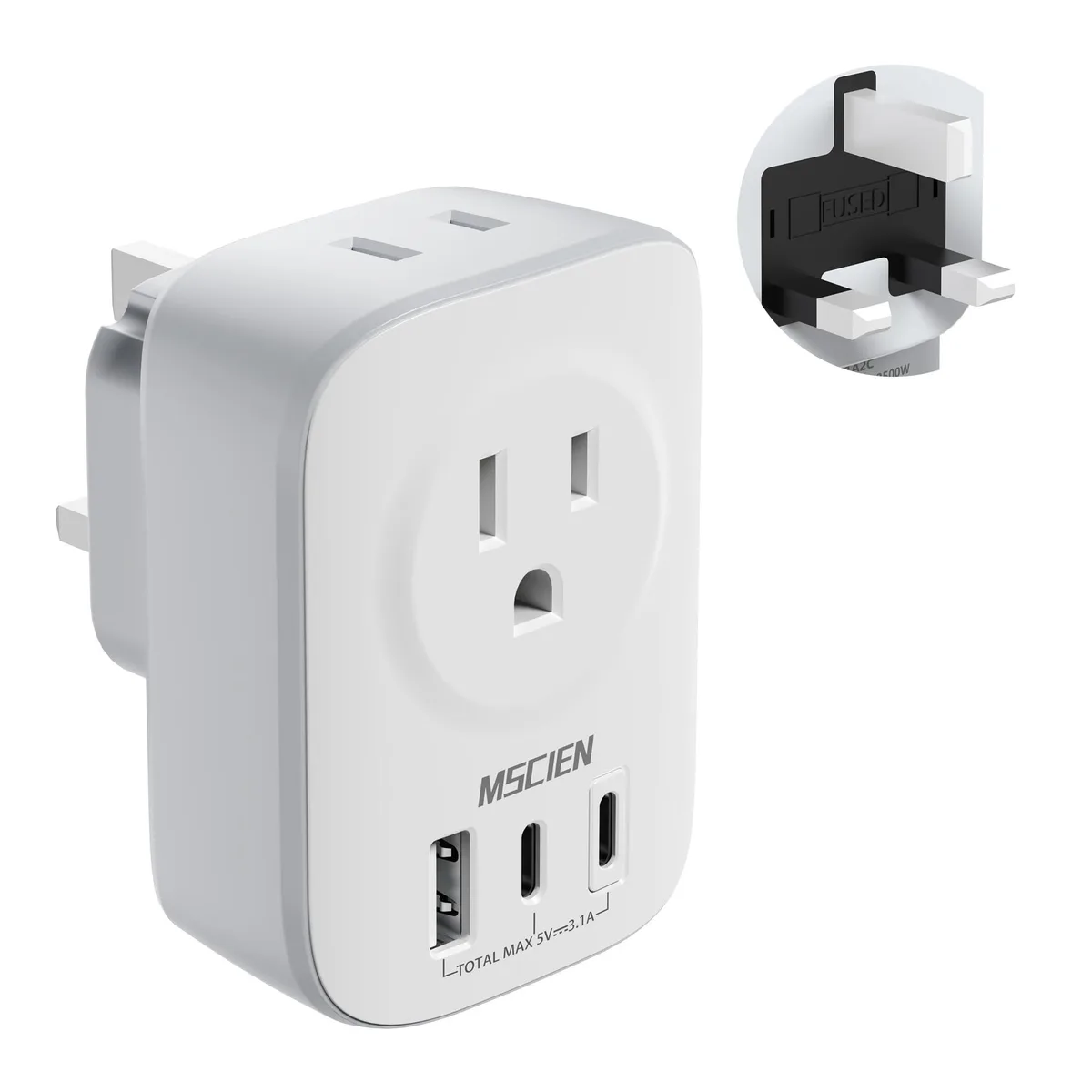  Mscien YQ-UA-1A2C Type G Travel Power Adapter White 2 AC 2 USB-C 1 USB-A — product photo