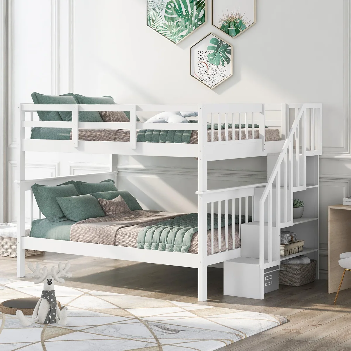 White solid-wood full-over-full bunk bed with four-step storage stairs and full-length guardrail