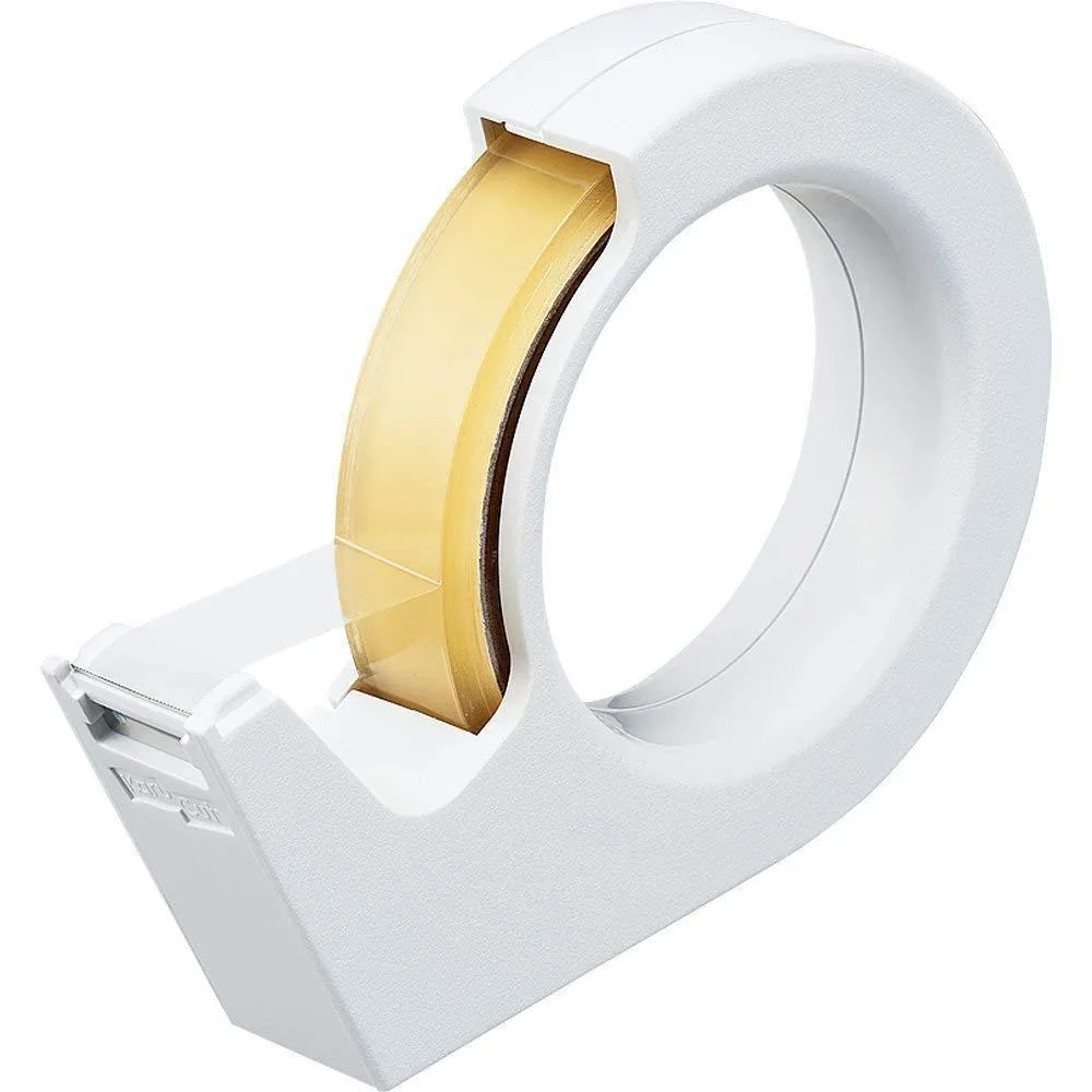 White portable tape dispenser, compact rectangular shape, matte finish, 27 by 91 by 60 mm