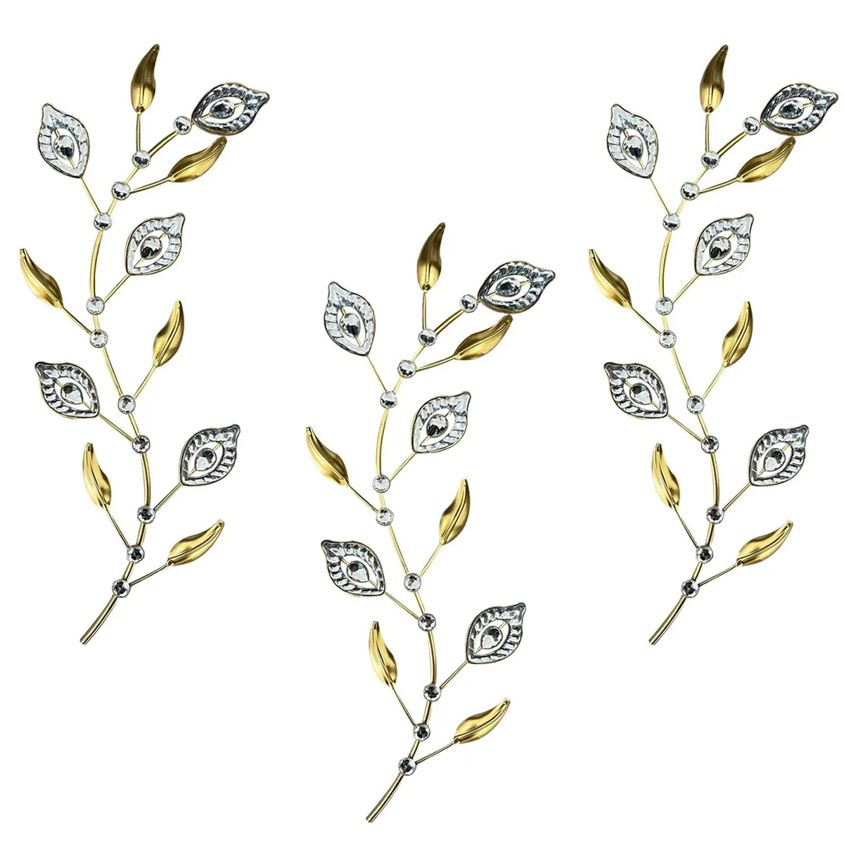 Three gold metal leaf branches with acrylic crystals, each 16.5 by 7 inches, unframed, set of three
