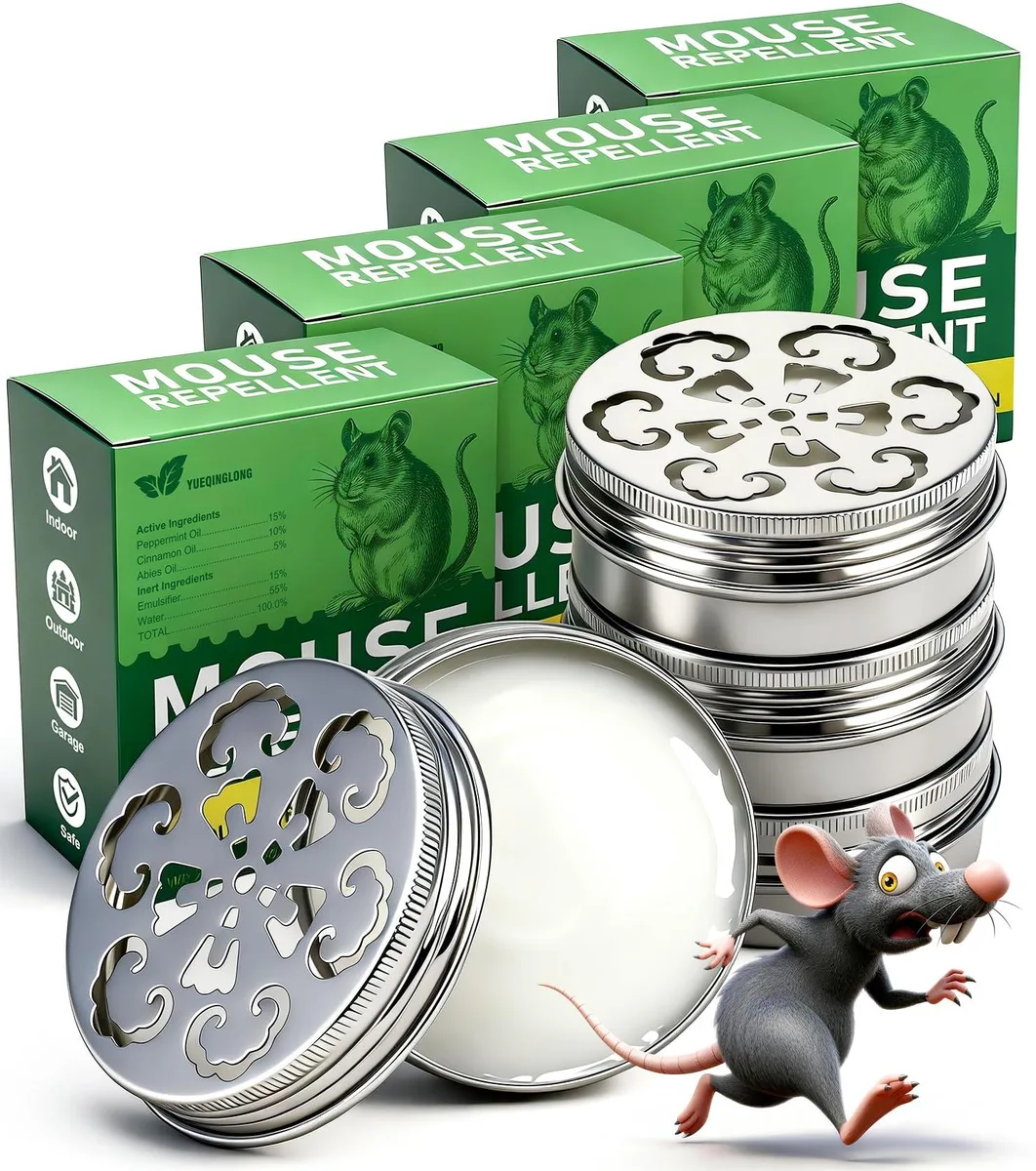 Four small white tubs with peel-off film and adhesive backs, peppermint rodent repellent, 4 pack