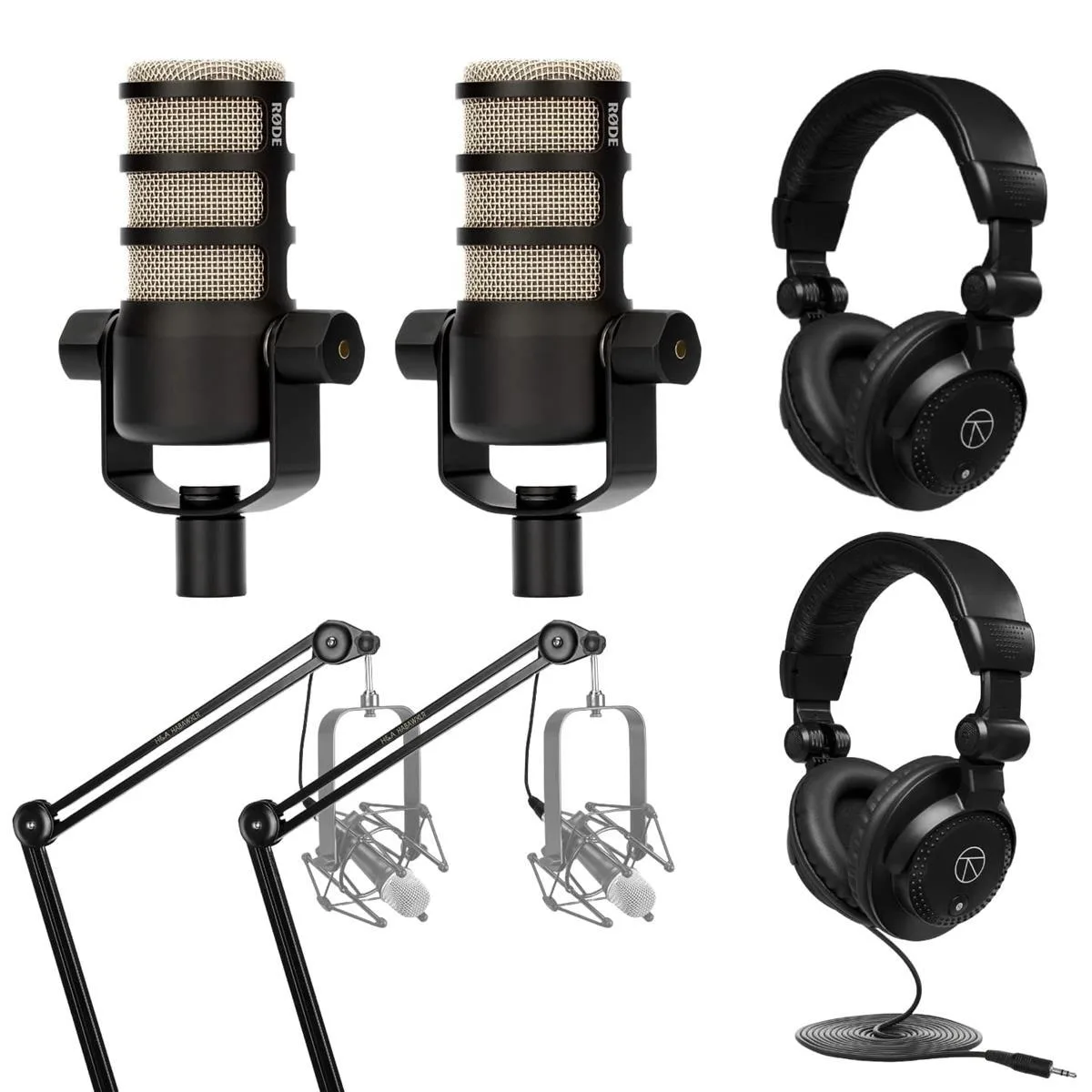 RODE Microphone RODE Microphone PodMic 2-pack with broadcast arm, headphones, cable — product photo