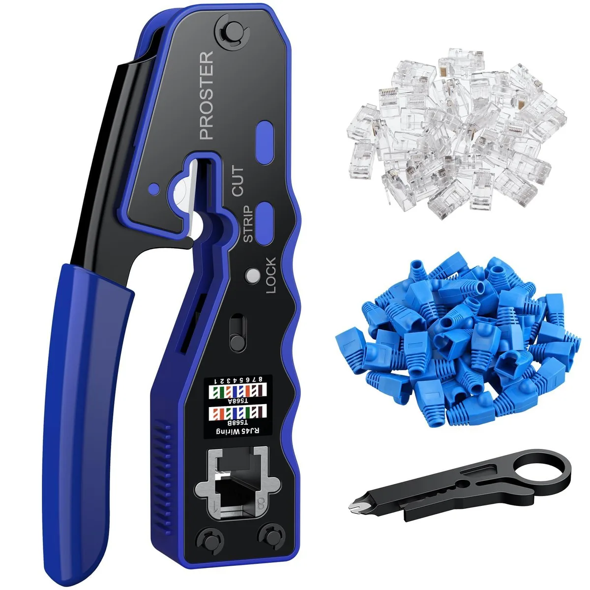 Klein Tools PST186 crimper kit with 50 connectors and stripper