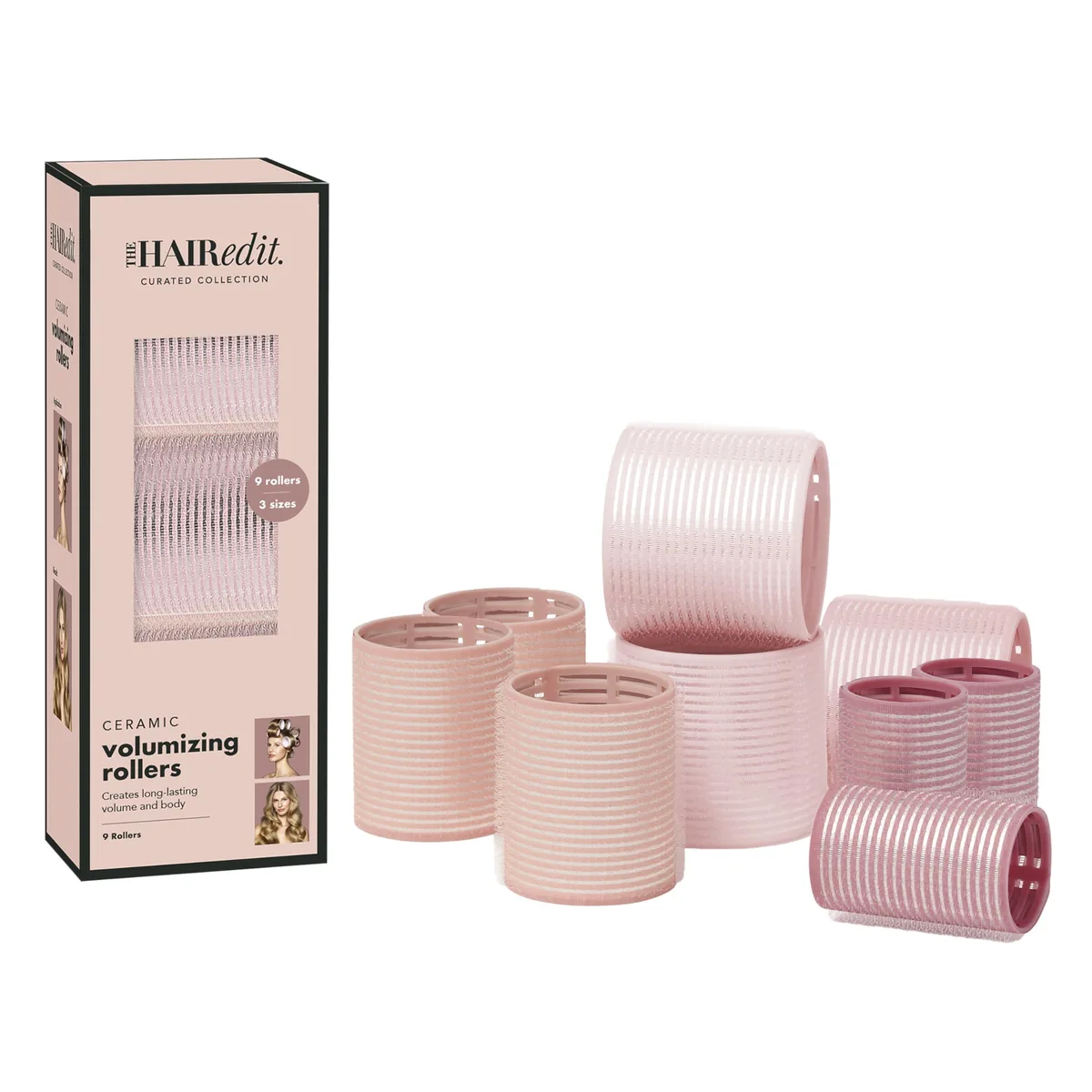Nine ceramic thermal rollers in three sizes with self-grip finish