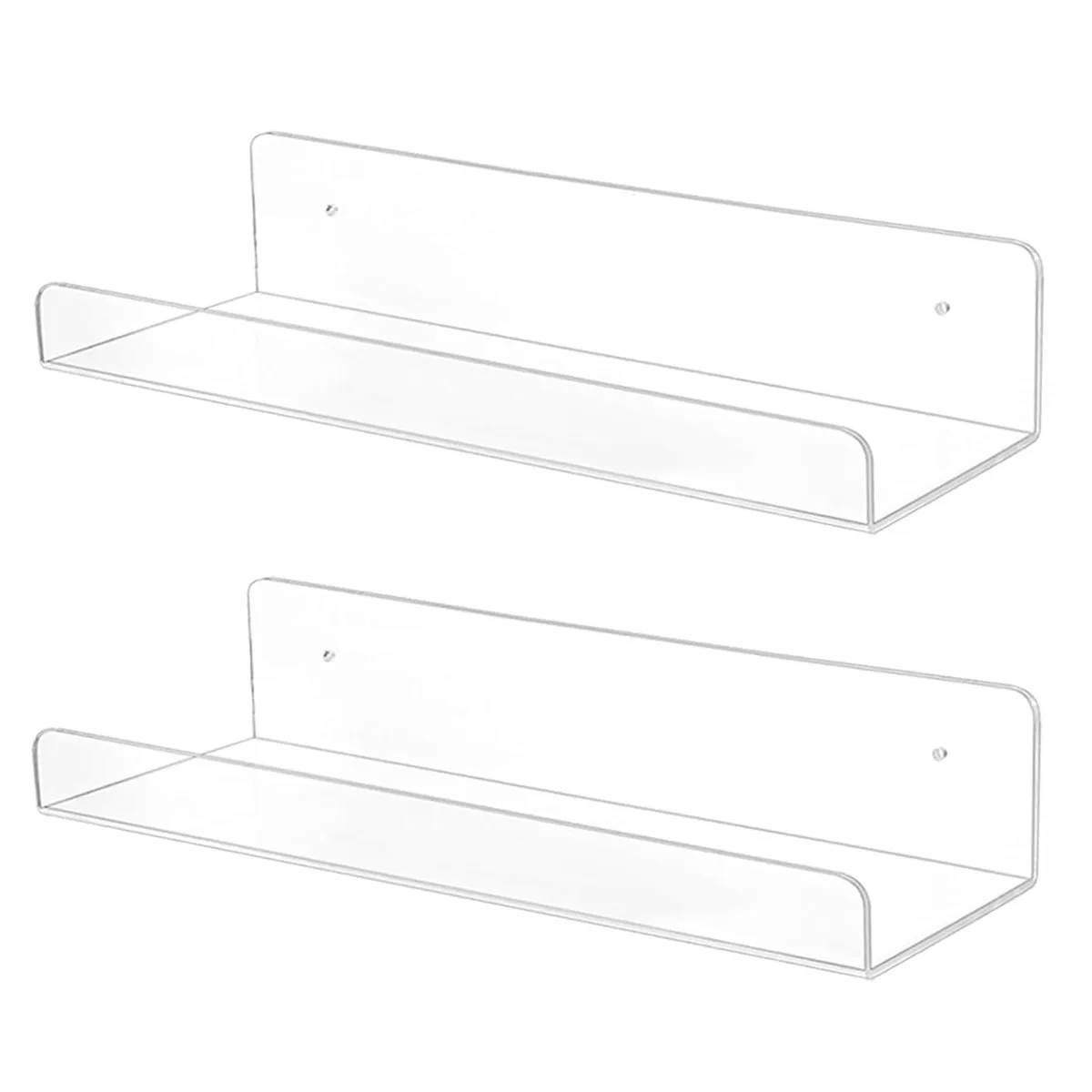 Two clear acrylic floating shelves 10 inches wide with pre-drilled holes and mounting hardware