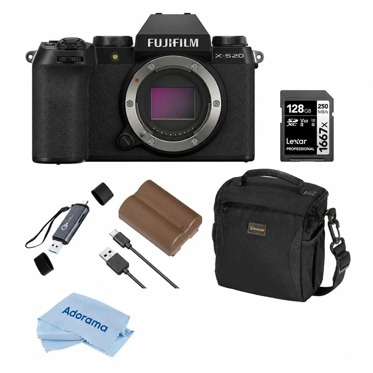 Black Fujifilm X-S20 mirrorless camera body with shoulder bag, memory card, card reader and battery