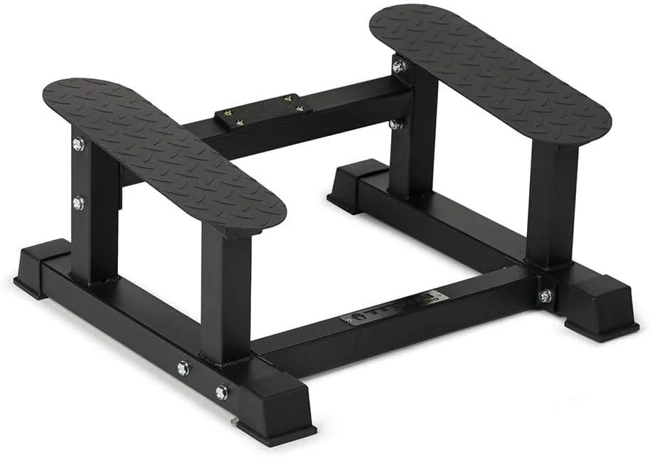 Elevated steel T-bar row platform with angled diamond-plated footplates, UHMW strip and rubber feet