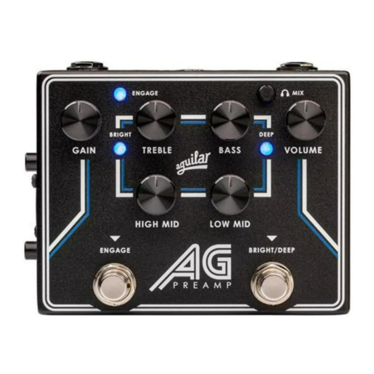 Rectangular metal pedal with knobs and footswitches
