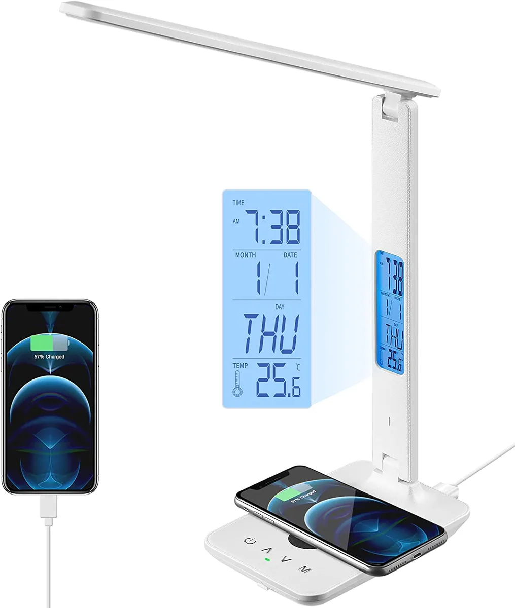 Corn Electronics Corn Electronics LED Desk Lamp with Wireless Charger, Clock, White — product photo