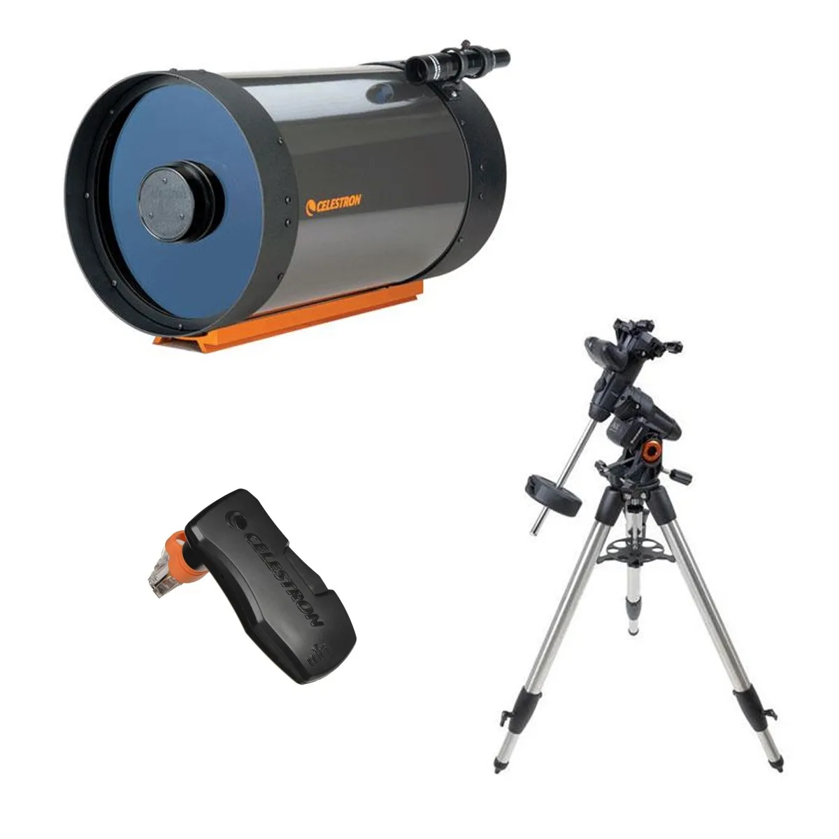 Orange 8-inch Schmidt-Cassegrain tube on black equatorial mount with tripod