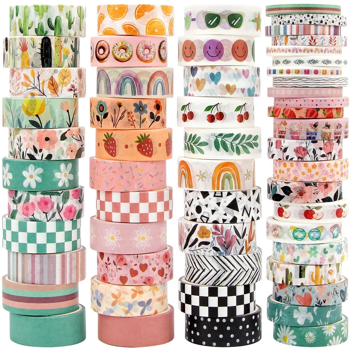 Cardboard box holding 55 rolls of 15 mm bohemian washi tape in assorted fruit and floral patterns
