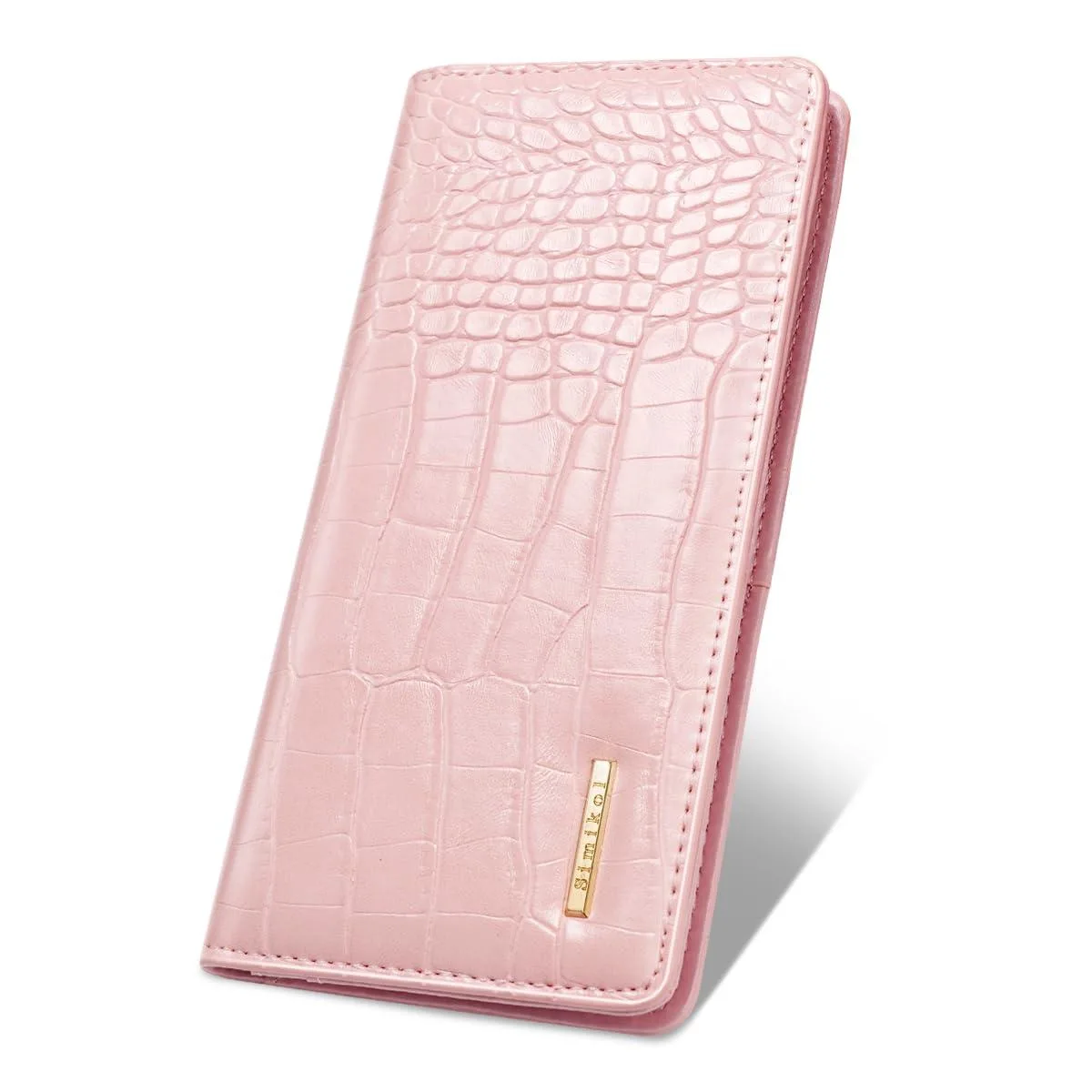  Simikol Slim Thin Bifold Wallet Pink Crocodile RFID 11 Card Slots 7.5 x 3.7 x 0.6 in — product photo