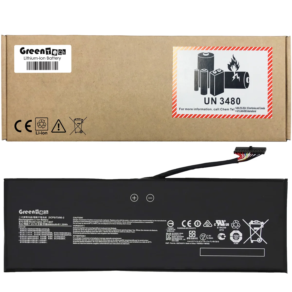 GreenTechLLC GreenTechLLC BTY-M47 laptop battery 7.6V 8060mAh 61.25Wh for MSI GS40 GS43 GS43VR — product photo