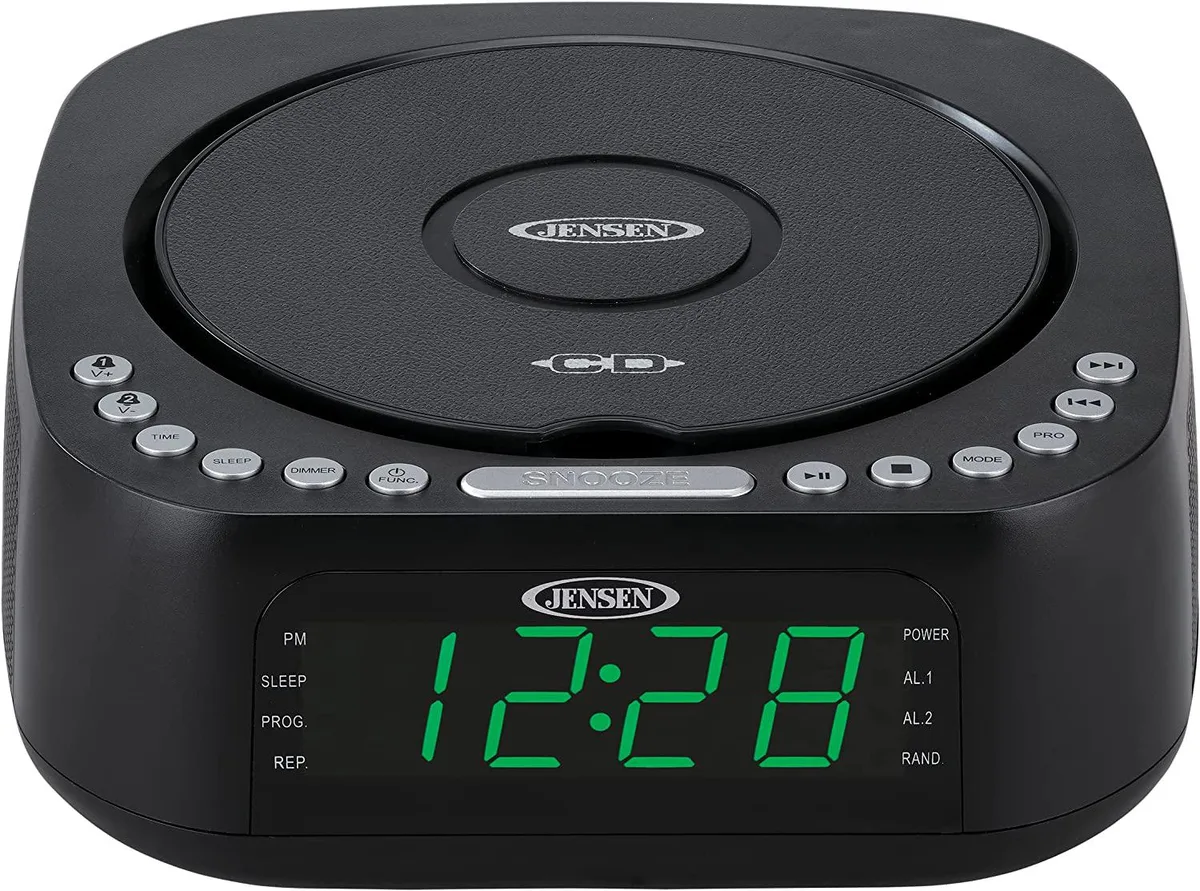 JENSEN JENSEN JCR-375 Pro Sound Tabletop CD Player FM Radio Dual Alarm .9 Green LED USB 2.1A — product photo