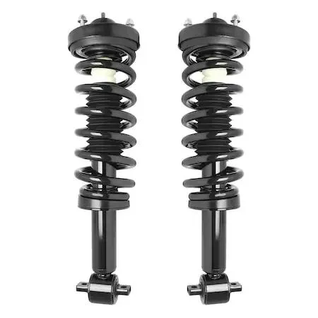 Two silver strut assemblies with black springs and mounts side by side