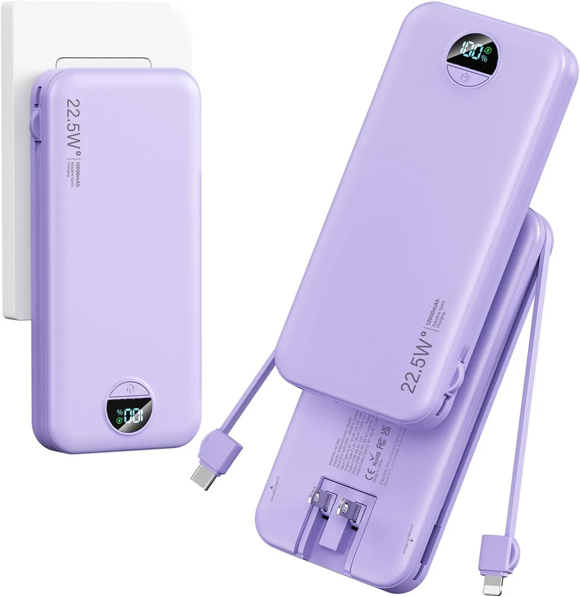 WOOJONG WOOJONG 12000mAh power bank with built-in cables &amp; AC wall plug — product photo