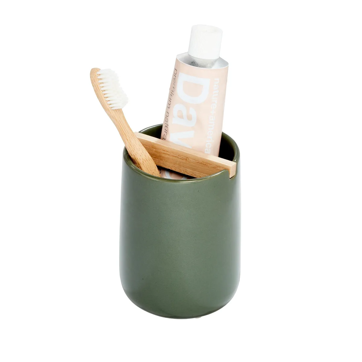 Square ceramic toothbrush holder in moss green with natural wood accents, divided interior, non-slip foam base