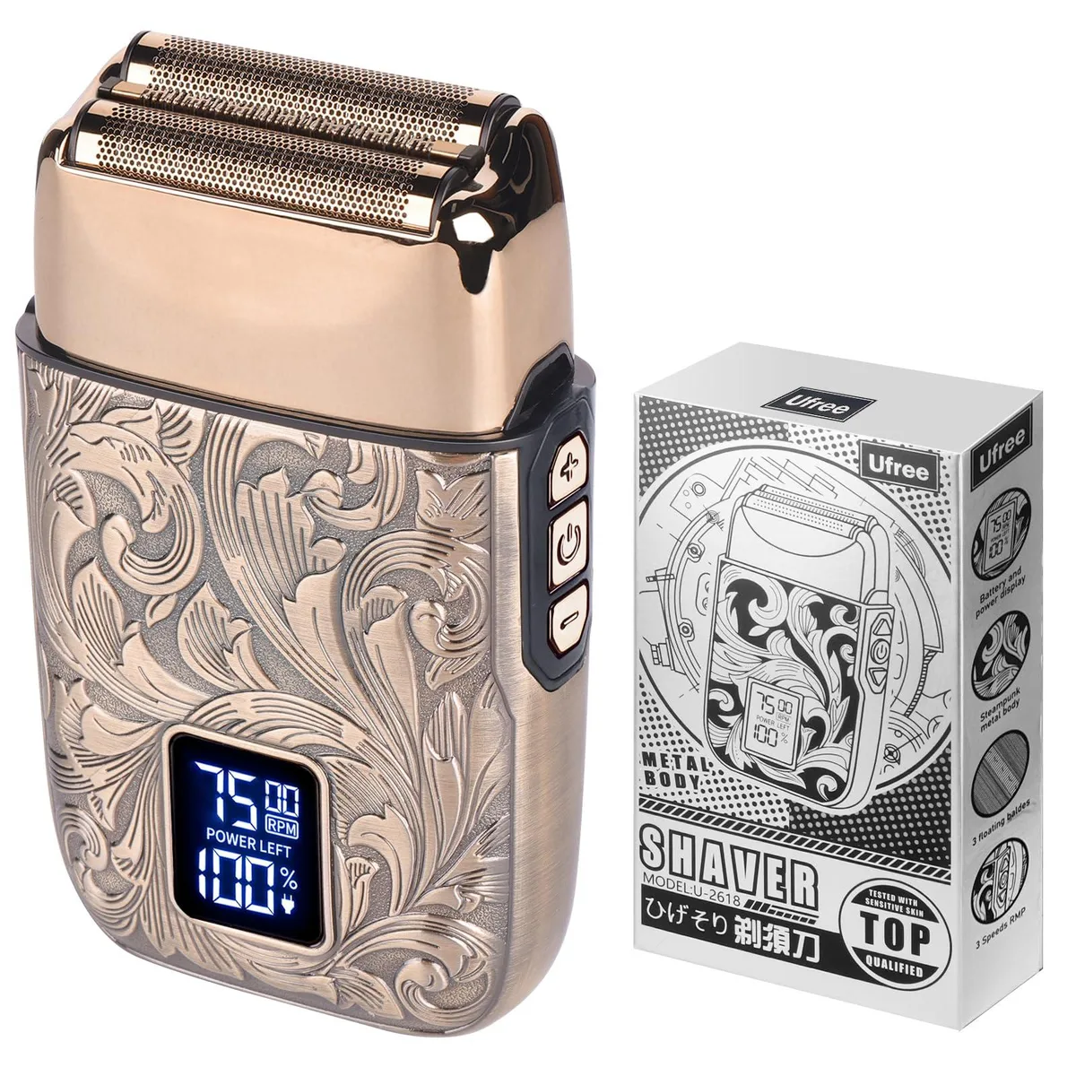 Gold foil shaver, metal body, LCD display, transparent protective sleeve