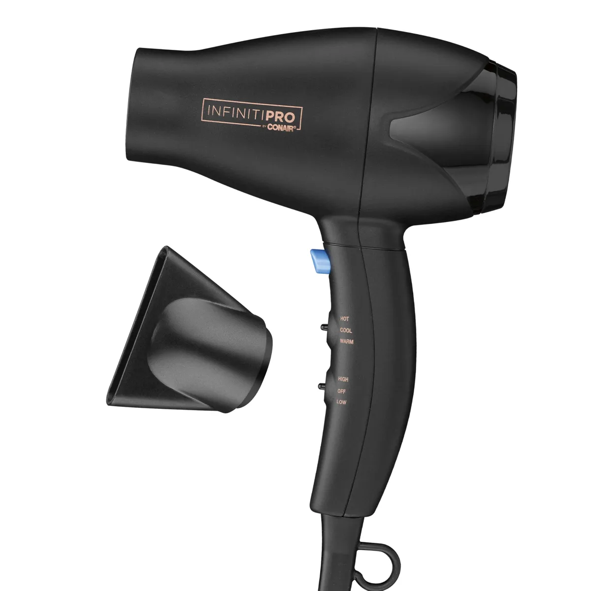 Compact black travel hair dryer with concentrator nozzle, lightweight AC motor, 1600W power