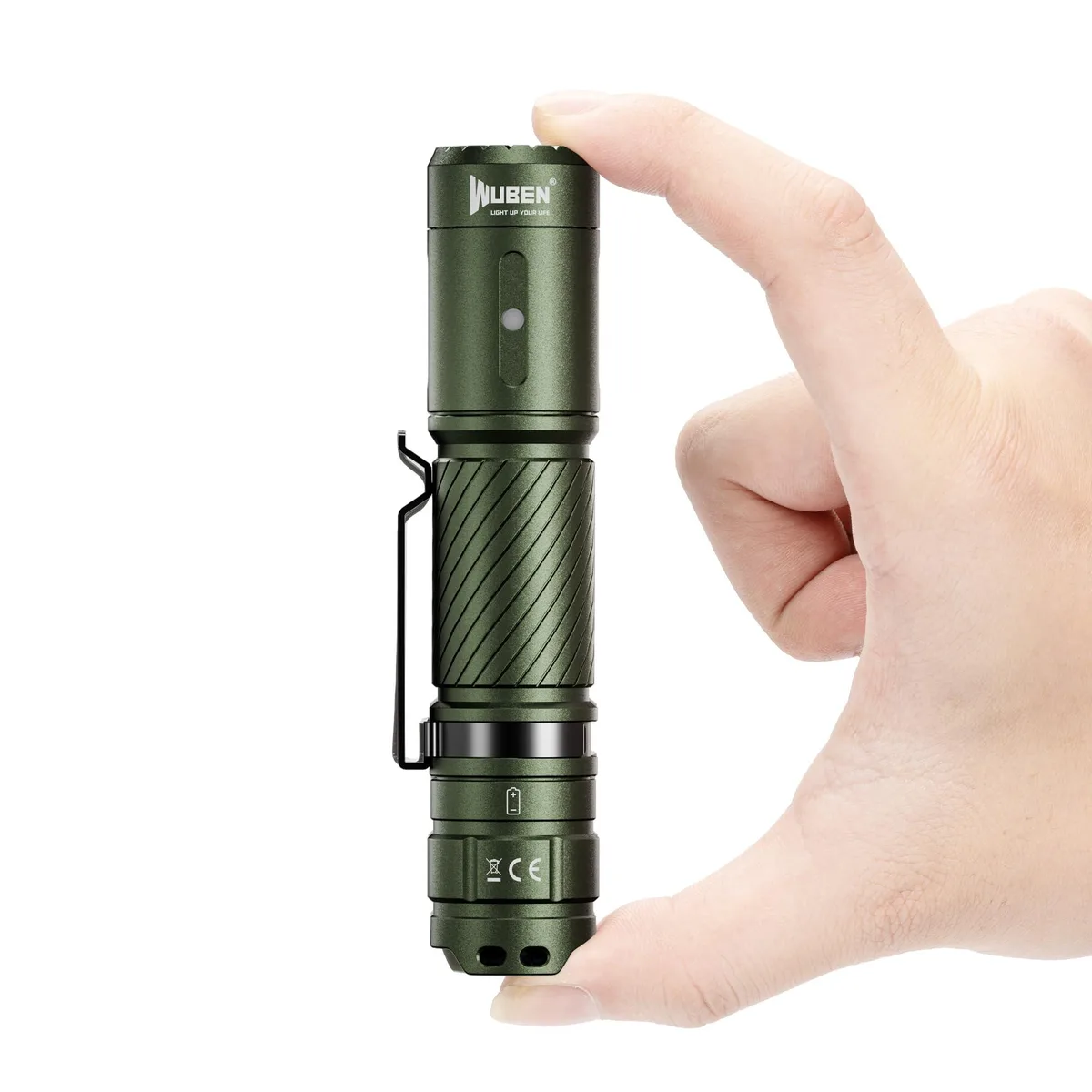Army green aluminium flashlight, compact cylindrical form, Type-C port visible