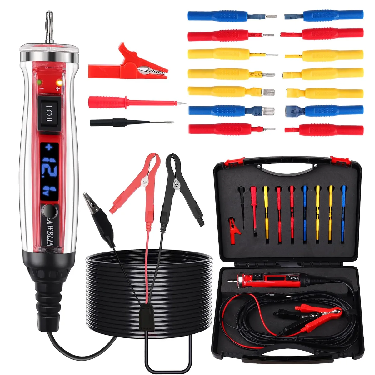 18-piece automotive circuit probe kit with LCD tester, assorted terminals and case