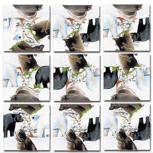 Nine illustrated square puzzle pieces forming a 12-inch bears design