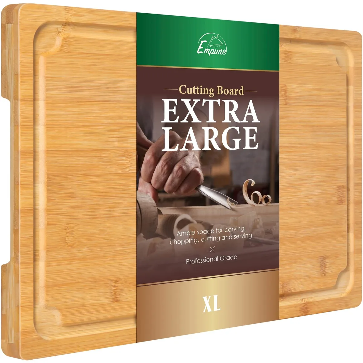 Rectangular bamboo cutting board 17.6 by 12 by .7 inches with juice groove and side handles