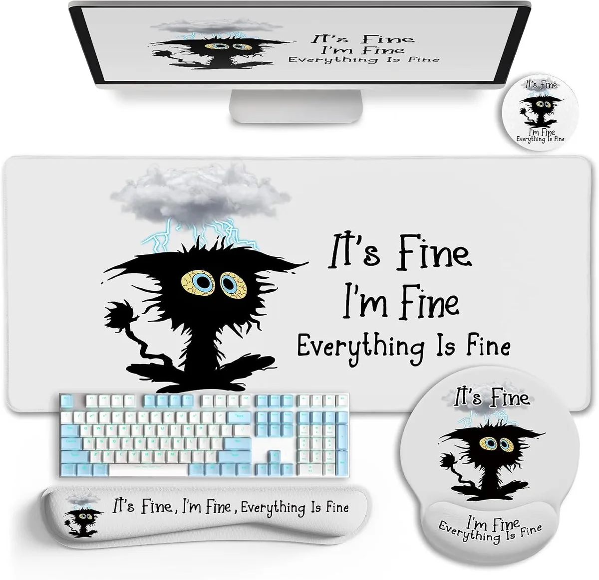 BAOFENG BAOFENG Desk Mat Set Large Gaming Mouse Pad with Wrist Rest Funny Black Cat 35.4 × 15.7 inch — product photo