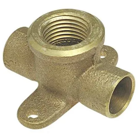 Small bronze tee fitting with three copper sweat ends and a mounting ear