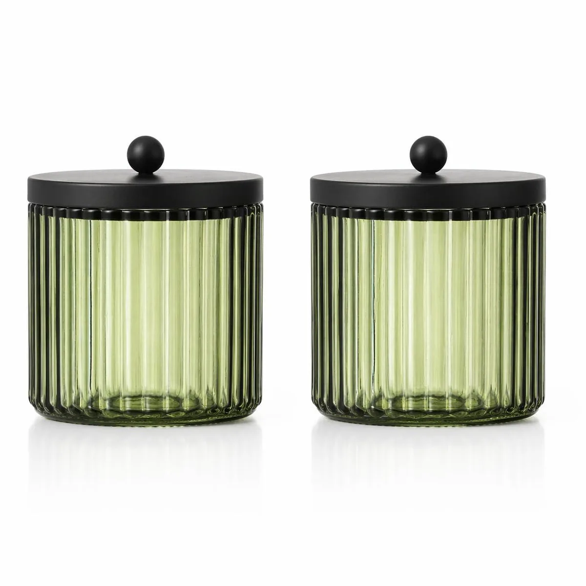 Two olive-green glass jars with black metal lids, polished chrome finish