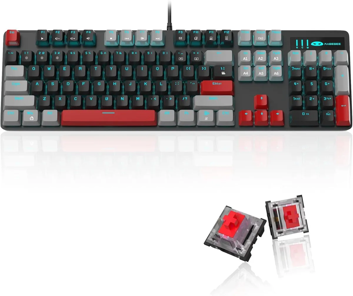 TUKO TUKO Gaming Keyboard 104 Keys Blue Backlit Red Switches Gray Black 16 Red Keycaps — product photo