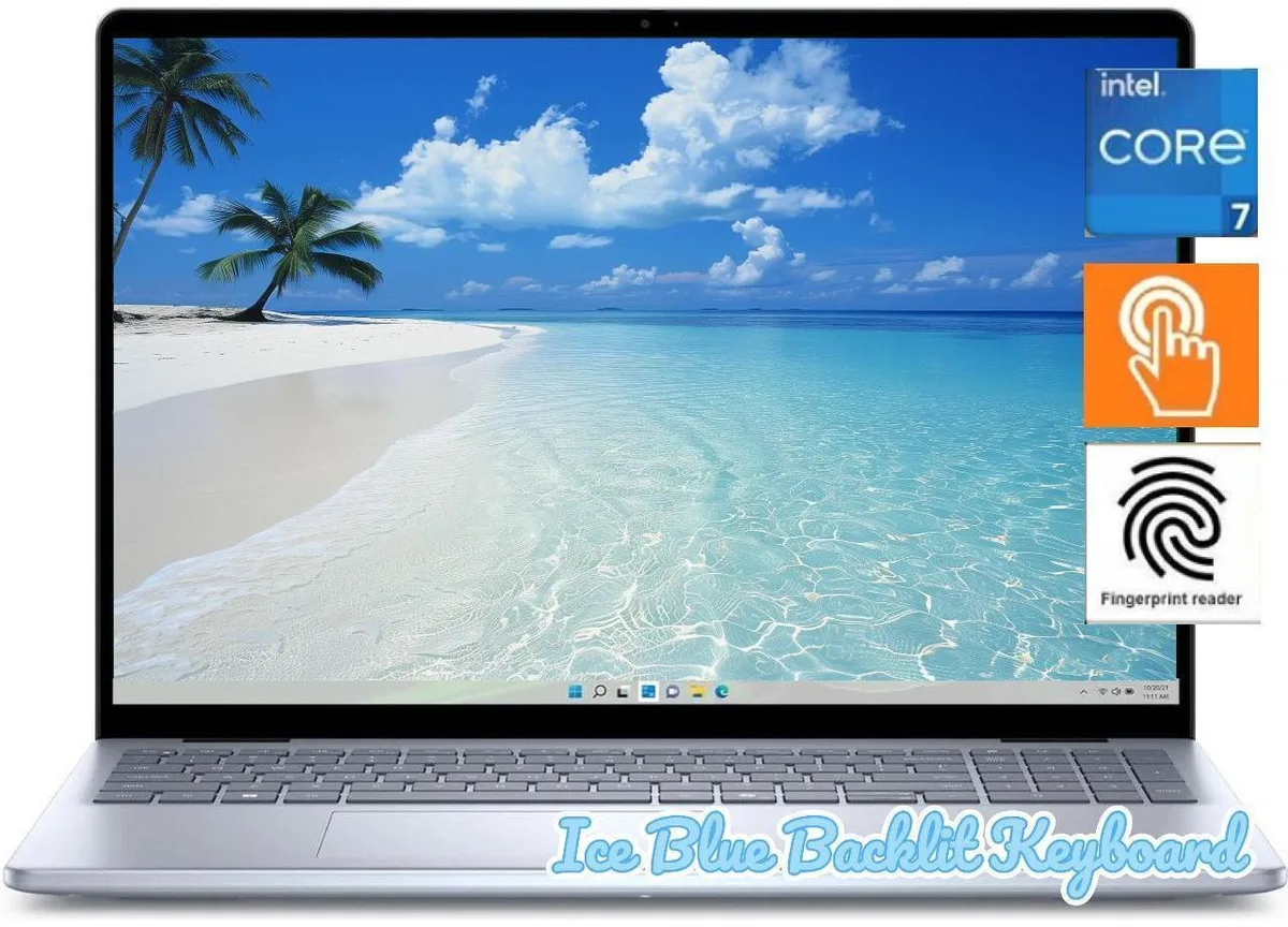 Ice Blue Dell Inspiron 16 inch touchscreen laptop with backlit keyboard and fingerprint reader