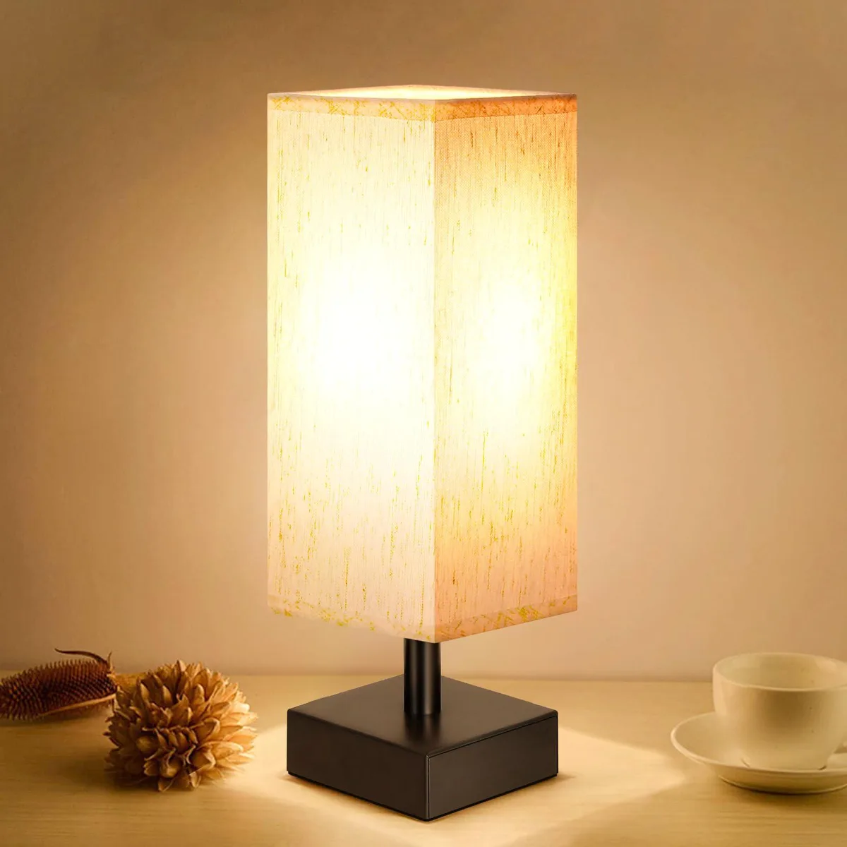 Small matte black table lamp with square beige linen shade 13.2 inches tall