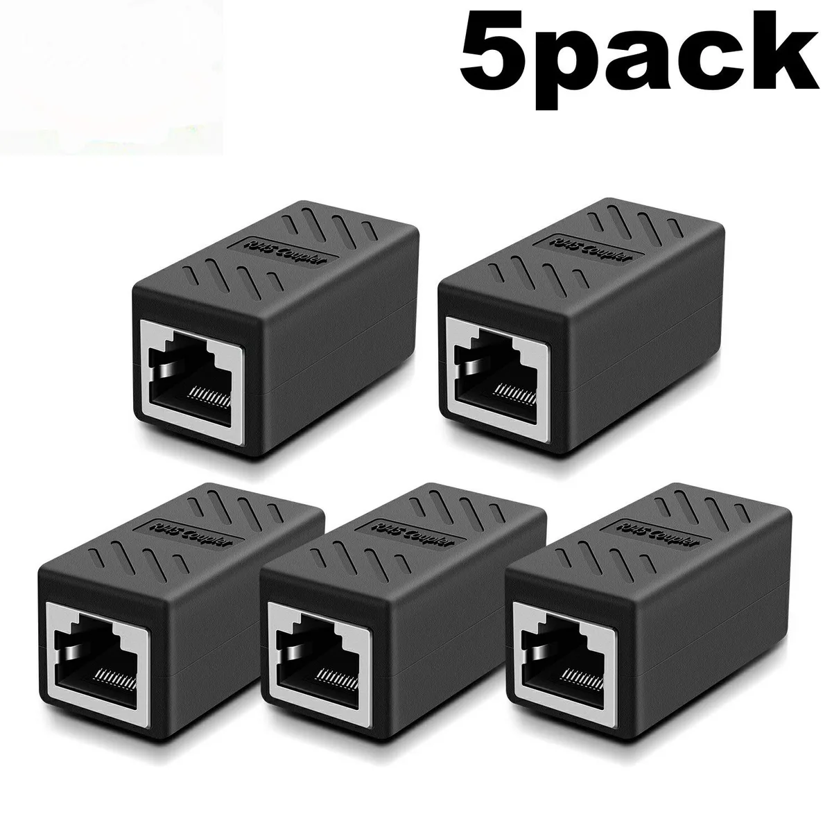 Five black RJ45 female-to-female couplers, compact rectangular plastic bodies with nickel-plated contacts and snap-in clips