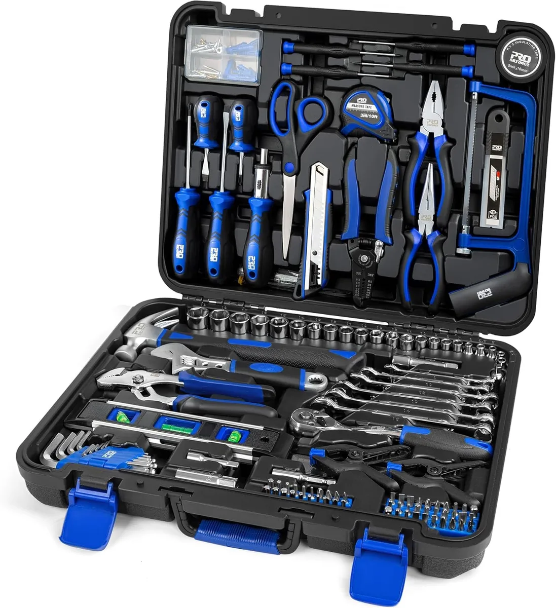 Blue plastic toolbox containing 259-piece hand tool set with wrenches, sockets and ratchet