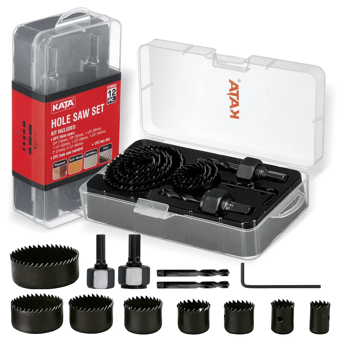 Black steel hole saw kit with eight blades, two mandrels, hex key in case