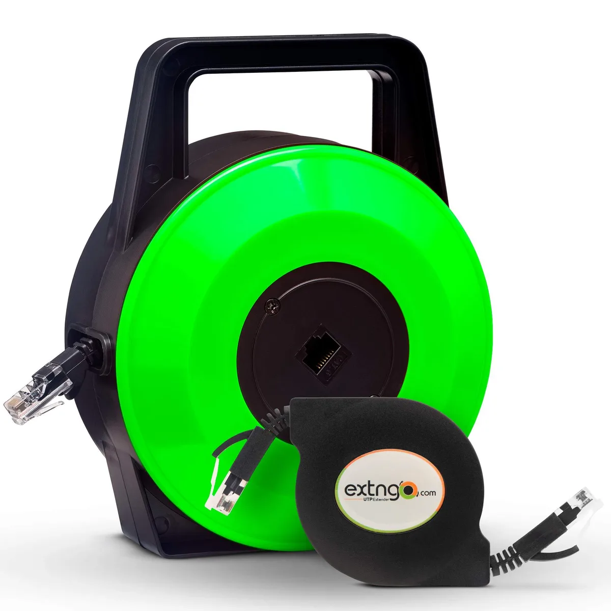 Green retractable flat CAT6 cable reel with RJ45 male-female connectors, 33 ft
