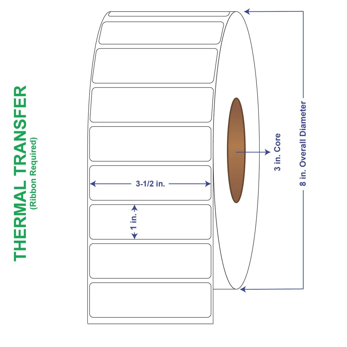 White rectangular thermal-transfer label rolls on 3-inch cores, six rolls per carton
