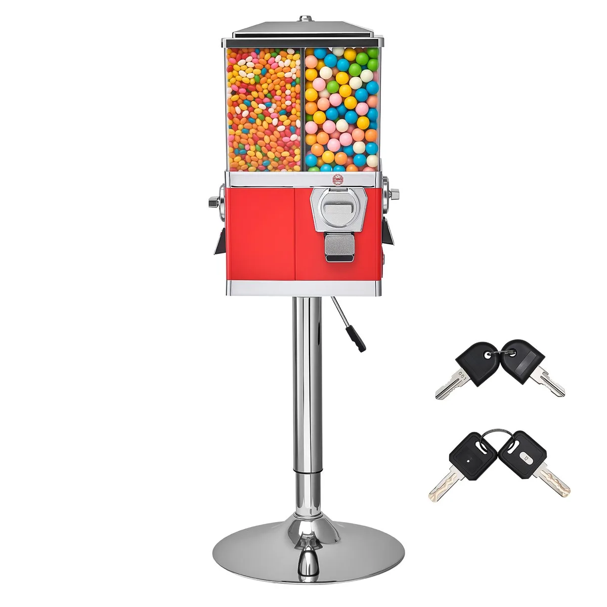 Red four-compartment candy vending machine on stand, coin slot, glossy finish