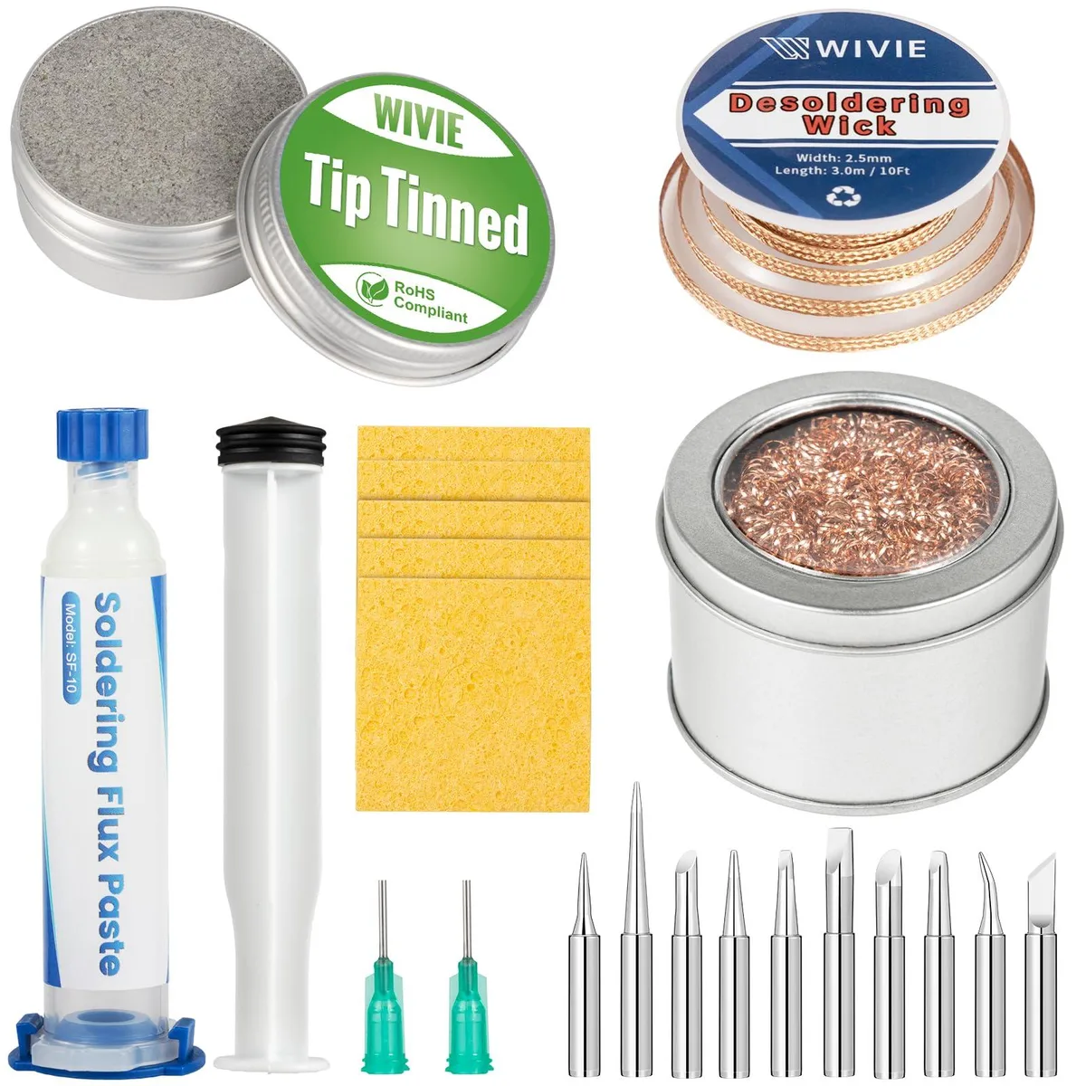 WIVIE soldering tip cleaning kit with brass wire, wick, sponge, flux and spare tips