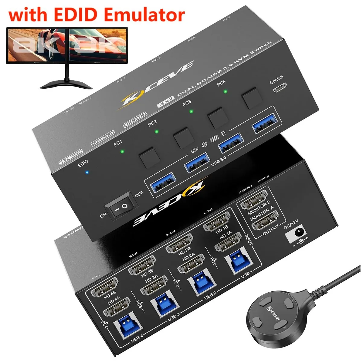 IHDAPP IHDAPP KVM842 KVM Switch 4 Computers 2 Monitors 8K@60Hz 4K@144Hz USB 3.0 — product photo