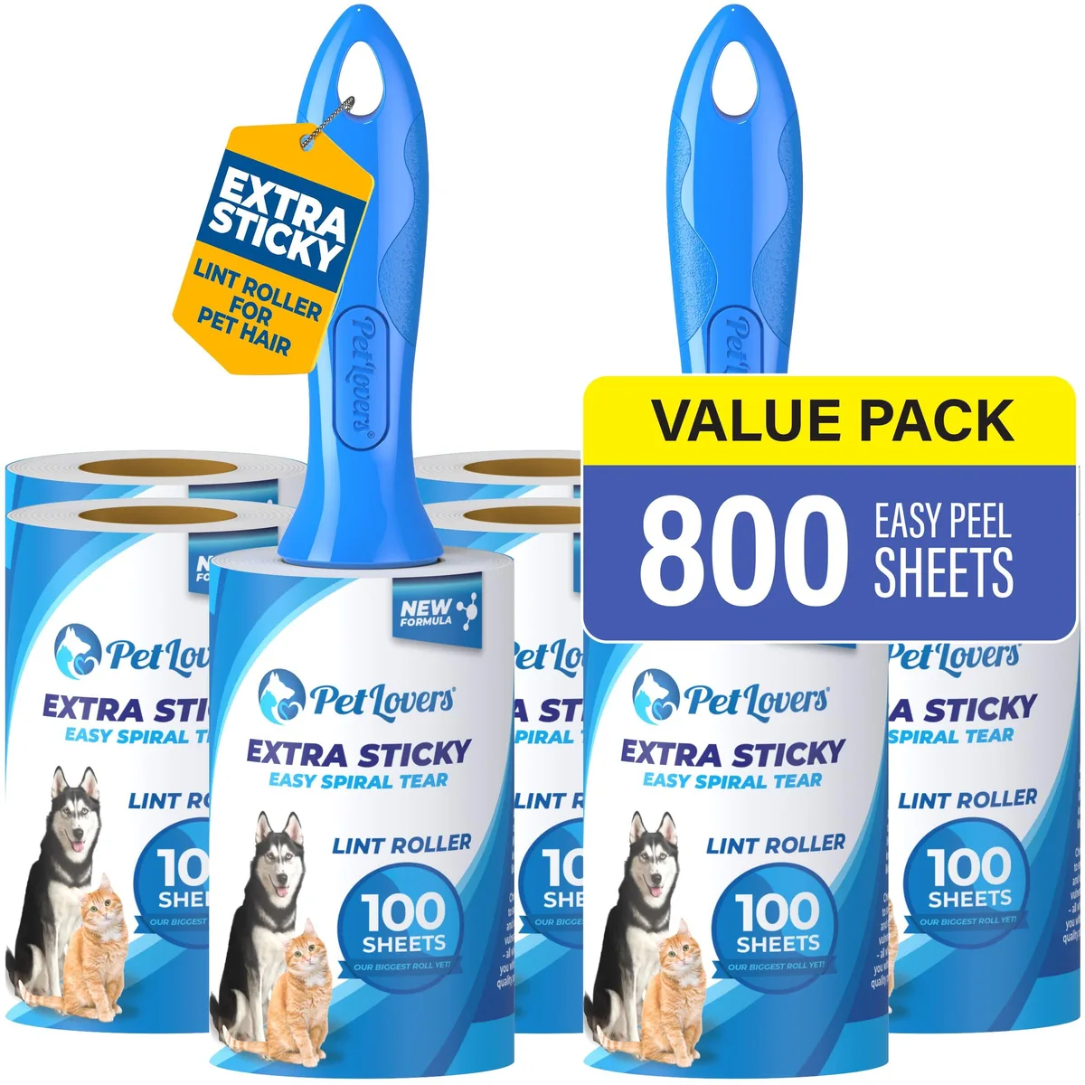 Eight lint rollers in a rectangular box, each with a handle and tear-off adhesive sheets