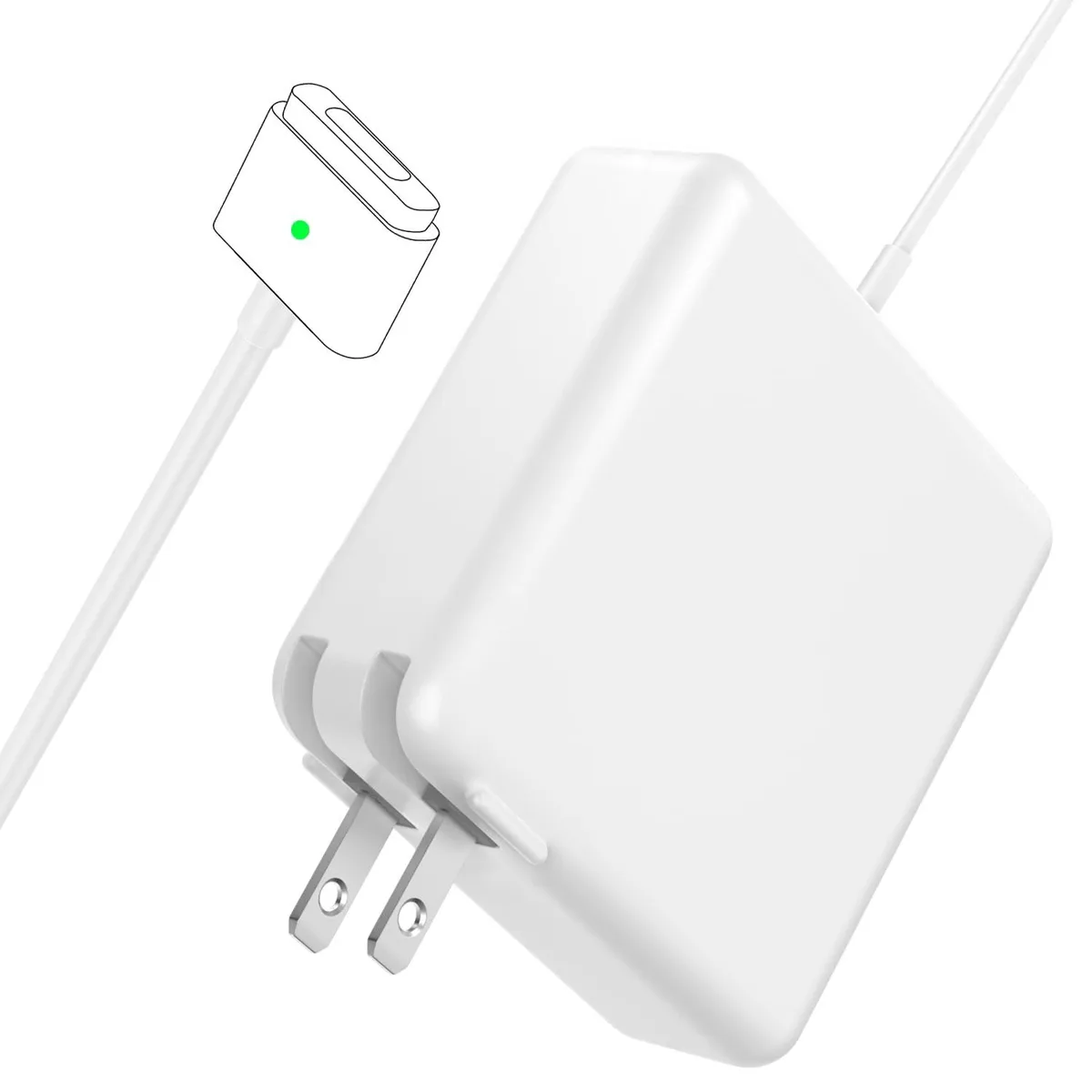 White rectangular power brick with magnetic T-tip connector and LED indicator