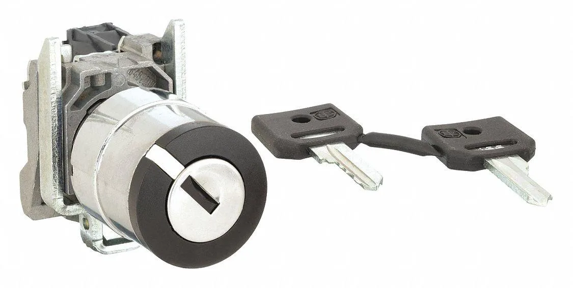 Chrome metal selector switch with keyed operator head, 22 mm diameter
