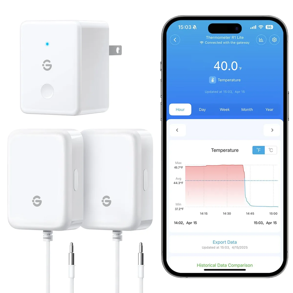 Two white wireless thermometers with probes and magnetic backs