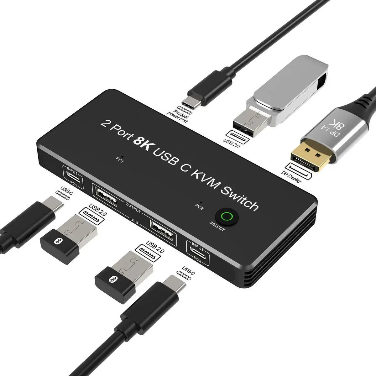 Vszerda Vszerda Thunderbolt KVM Switch USB-C to DisplayPort 3-Port USB 2.0 8K 60Hz 4K 144Hz DP 1.4 — product photo